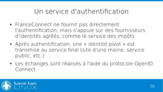 36
Un service d'authentification
● FranceConnect ne fournit pas directement
l'authentification, mais s'appuie sur des four...