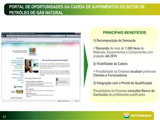 PORTAL DE OPORTUNIDADES DA CADEIA DE SUPRIMENTOS DO SETOR DE
     PETRÓLEO DE GÁS NATURAL



                                                 PRINCIPAIS BENEFÍCIOS

                                          1) Decomposição da Demanda

                                            Demanda de mais de 1.300 itens de
                                          Materiais, Equipamentos e Componentes com
                                          projeção até 2014

                                          2) Visibilidade da Cadeia

                                            Possibilidade da Empresa localizar potenciais
                                          Clientes e Fornecedores

                                          3) Integração com o Portal de Qualificação

                                          Possibilidade da Empresa consultar Banco de
                                          Currículos de profissionais qualificados




23
 