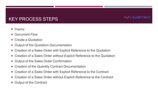 KEY PROCESS STEPS
 Inquiry
 Document Flow
 Create a Quotation
 Output of the Quotation Documentation
 Creation of a Sales Order with Explicit Reference to the Quotation
 Creation of a Sales Order without Explicit Reference to the Quotation
 Output of the Sales Order Confirmation
 Creation of the Quantity Contract Documentation
 Creation of a Sales Order with Explicit Reference to the Contract
 Creation of a Sales Order without Explicit Reference to the Contract
 Output of the Contract

 