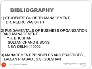 BIBLIOGRAPHY
1) STUDENTS‟ GUIDE TO MANAGEMENT,
   DR. NEERU VASISHTH

2) FUNDAMENTALS OF BUSINESS ORGANISATION
  AND MANAGEMENT,
    Y.K. BHUSHAN,
     SULTAN CHAND & SONS,
     NEW DELHI-110002

3) MANAGEMENT PRINCIPLES AND PRACTICES ,
  LALLAN PRASAD , S.S. GULSHAN
     BY: manisha vaghela     vaghela_manisha13@yahoo
44
                                                .com
 