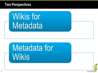 Two Perspectives


         Wikis for
         Metadata

         Metadata for
         Wikis
17
 