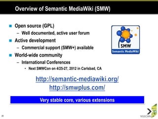 Overview of Semantic MediaWiki (SMW)

        Open source (GPL)
         – Well documented, active user forum
        Active development
         – Commercial support (SMW+) available
        World-wide community
         – International Conferences
             • Next SMWCon on 4/25-27, 2012 in Carlsbad, CA




                      Very stable core, various extensions

25
 