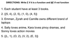 DIRECTIONS: Write F if it is a function and NF if not function
1. Each student have at least 3 books.
2. {(5, 4), (2, 5), (1, 0), (4, 5)}
3. Emman, Zyrah and Camille owns different brand of
laptops
4. Sally loves anime, Kara loves pinoy dramas, and
Sonny loves action movies
5. {(L, 1), (O, 2), (V, 2), (E, 3)}
 