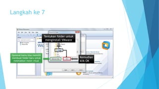 Langkah ke 7 
Opsional:kamu bisa memilih 
membuat folder baru untuk 
meletakkan mesin vitual 
Tentukan folder untuk 
menginstall VMware 
Kemudian 
klik OK 
 