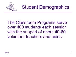 Student Demographics The Classroom Programs serve over 400 students each session with the support of about 40-80 volunteer teachers and aides.  