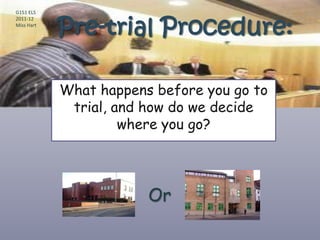 G151 ELS



            Pre-trial Procedure:
2011-12
Miss Hart




            What happens before you go to
             trial, and how do we decide
                     where you go?




                        Or
 