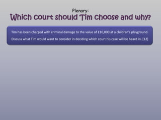 Plenary:
Which court should Tim choose and why?
Tim has been charged with criminal damage to the value of £10,000 at a children’s playground.
Discuss what Tim would want to consider in deciding which court his case will be heard in. [12]
 