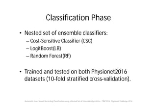 Classification Phase
• Nested set of ensemble classifiers:
– Cost-Sensitive Classifier (CSC)
– LogitBoost(LB)
– Random Forest(RF)
• Trained and tested on both Physionet2016
datasets (10-fold stratified cross-validation).
Automatic Heart Sound Recording Classification using a Nested Set of Ensemble Algorithms , CINC2016, Physionet Challenge 2016
 