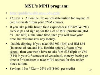 MSU’s MPH program:
• http://publichealth.msu.edu/pph/
• 42 credits. All online. No out-of-state tuition for anyone. 9
credits transfer from your CVM courses.
• If you take public health field experience (LCS 690 & 691)
clerkships and sign up for the 4 cr of MPH practicum (HM
891 and 892) at the same time, then you will save your
time, but will not save any money.
• Double dipping: If you take HM 803 (Epi) and HM 864
(Intersect of An. and Hu. Health) before 3rd sem of vet
school, then you won‟t have to take VM 533 (Epi) or VM
(544) in your 3rd semester of vet school, thereby freeing up
time in 3rd semester to take MPH courses for free under
block tuition.
• Savings: 15cr / 42cr = 35% off ($660. per credit)
67

 