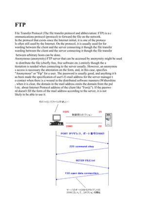 FTP
File Transfer Protocol (The file transfer protocol and abbreviation: FTP) is a c
ommunications protocol (protocol) to forward the file on the network.
In the protocol that exists since the Internet initial, it is one of the protoco
ls often still used by the Internet. On the protocol, it is usually used for for
warding between the client and the server connecting it though the file transfer
warding between the client and the server connecting it though the file transfer
 between arbitrary hosts can be done.
Anonymous (anonymity) FTP server that can be accessed by anonymity might be used
 to distribute the file (chiefly free, free software etc.) entirely though the a
ttestation is needed when connecting to the server usually. However, an anonymou
s access is necessary the attestation on the form, and, in this case, specifies
"Anonymous" or "Ftp" for a user. The password is usually good, and anything it h
as been made the specification of user's E-mail address for the server manager t
o contact when there is a wound in the distributed software manners (Withershins
, when it is clear, the domain in the mail address omits the domain from the pul
l etc. about Internet Protocol address of the client like "Foo@"). If the passwo
rd doesn't fill the form of the mail address according to the server, it is not
likely to be able to use it.
 