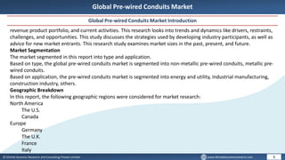 © Dhirtek Business Research and Consulting Private Limited www.dhirtekbusinessresearch.com
Global Pre-wired Conduits Market
Global Pre-wired Conduits Market Introduction
5
revenue product portfolio, and current activities. This research looks into trends and dynamics like drivers, restraints,
challenges, and opportunities. This study discusses the strategies used by developing industry participants, as well as
advice for new market entrants. This research study examines market sizes in the past, present, and future.
Market Segmentation
The market segmented in this report into type and application.
Based on type, the global pre-wired conduits market is segmented into non-metallic pre-wired conduits, metallic pre-
wired conduits.
Based on application, the pre-wired conduits market is segmented into energy and utility, industrial manufacturing,
construction industry, others.
Geographic Breakdown
In this report, the following geographic regions were considered for market research:
North America
The U.S.
Canada
Europe
Germany
The U.K.
France
Italy
 