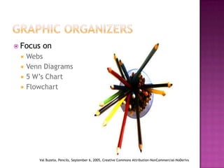 Graphic Organizers Focus on Webs Venn Diagrams 5 W’s Chart FlowchartVal Buzeta, Pencils, September 6, 2005, Creative Commons Attribution-NonCommercial-NoDerivs