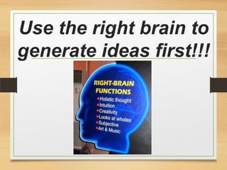Use the right brain to
generate ideas first!!!
 