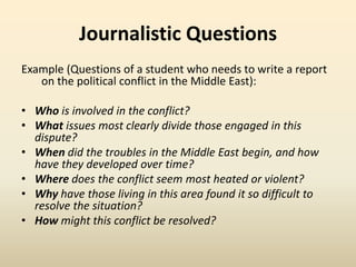 Journalistic Questions 
Example (Questions of a student who needs to write a report 
on the political conflict in the Middle East): 
• Who is involved in the conflict? 
• What issues most clearly divide those engaged in this 
dispute? 
• When did the troubles in the Middle East begin, and how 
have they developed over time? 
• Where does the conflict seem most heated or violent? 
• Why have those living in this area found it so difficult to 
resolve the situation? 
• How might this conflict be resolved? 
 