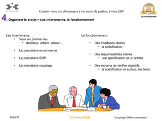 4 . Organiser le projet > Les intervenants, le fonctionnement Les intervenants: Vous en premier lieu décideur, arbitre, acteur… Le prestataire e-commerce Le prestataire ERP Le prestataire couplage Le fonctionnement: Des interfaces claires la spécification Des responsabilités claires une spécification et un arbitre Des moyens de vérifier objectifs: la spécification et surtout, les tests. Coupler votre site eCommerce à vos outils de gestion, à votre ERP 