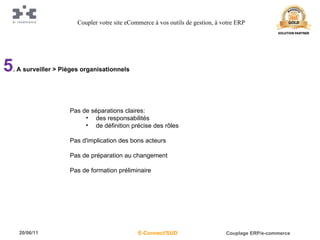 5 . A surveiller > Pièges organisationnels Pas de séparations claires: des responsabilités de définition précise des rôles Pas d'implication des bons acteurs Pas de préparation au changement Pas de formation préliminaire Coupler votre site eCommerce à vos outils de gestion, à votre ERP 