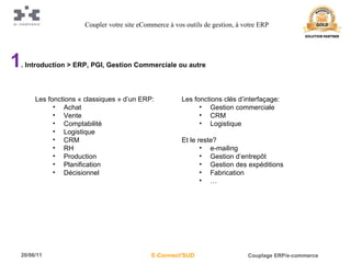 1 . Introduction > ERP, PGI, Gestion Commerciale ou autre Les fonctions « classiques » d’un ERP: Achat Vente Comptabilité Logistique CRM RH Production Planification Décisionnel Coupler votre site eCommerce à vos outils de gestion, à votre ERP Les fonctions clés d’interfaçage: Gestion commerciale CRM Logistique Et le reste? e-mailing Gestion d’entrepôt Gestion des expéditions Fabrication … 