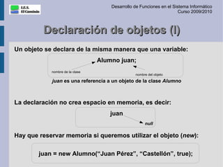Desarrollo de Funciones en el Sistema Informático
                                                                      Curso 2009/2010



         Declaración de objetos (I)
Un objeto se declara de la misma manera que una variable:
                                 Alumno juan;
            nombre de la clase
                                                nombre del objeto

            juan es una referencia a un objeto de la clase Alumno



La declaración no crea espacio en memoria, es decir:
                                     juan
                                                     null

Hay que reservar memoria si queremos utilizar el objeto (new):

        juan = new Alumno(“Juan Pérez”, “Castellón”, true);
 