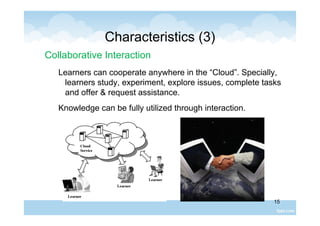 15
Characteristics (3)
Collaborative Interaction
Learners can cooperate anywhere in the “Cloud”. Specially,
learners study, experiment, explore issues, complete tasks
and offer & request assistance.
Knowledge can be fully utilized through interaction.
 