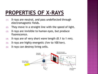 (1) X-rays are neutral, and pass undeflected through
electromagnetic fields.
(2) They move in a straight line with the speed of light.
(3) X-rays are invisible to human eyes, but produce
fluorescence.
(4) X-rays are of very short wave length (0.1 to 1 nm).
(5) X-rays are highly energetic (1ev to 100 kev).
(6) X-rays can destroy living cells.
 