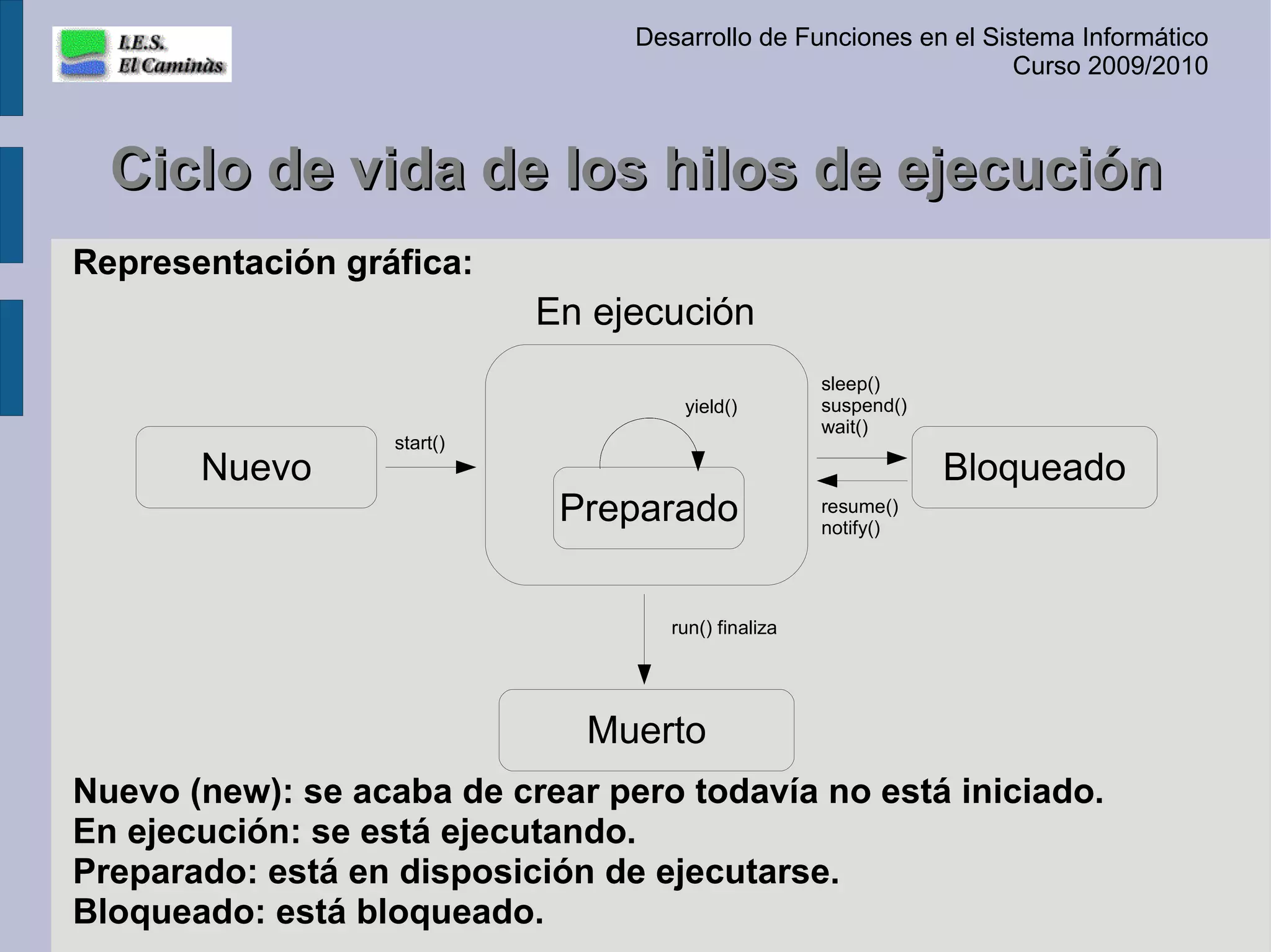 Desarrollo de Funciones en el Sistema Informático
                                                                   Curso 2009/2010



  Ciclo de vida de los hilos de ejecución
Representación gráfica:
                             En ejecución
                                                      sleep()
                                      yield()         suspend()
                                                      wait()
                   start()
       Nuevo                                                      Bloqueado
                              Preparado               resume()
                                                      notify()




                                     run() finaliza




                               Muerto
Nuevo (new): se acaba de crear pero todavía no está iniciado.
En ejecución: se está ejecutando.
Preparado: está en disposición de ejecutarse.
Bloqueado: está bloqueado.
 