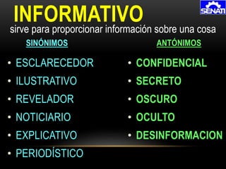 • ESCLARECEDOR
• ILUSTRATIVO
• REVELADOR
• NOTICIARIO
• EXPLICATIVO
• PERIODÍSTICO
INFORMATIVO
SINÓNIMOS ANTÓNIMOS
sirve para proporcionar información sobre una cosa
• CONFIDENCIAL
• SECRETO
• OSCURO
• OCULTO
• DESINFORMACION
 
