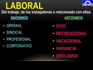 • GREMIAL
• SINDICAL
• PROFESIONAL
• CORPORATIVO
LABORAL
SINÓNIMOS ANTÓNIMOS
Del trabajo, de los trabajadores o relacionado con ellos.
• OCIO
• RECREACIONAL
• VACACIONAL
• VAGANCIA
• DESCANSO
 
