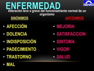 • AFECCIÓN
• DOLENCIA
• INDISPOSICIÓN
• PADECIMIENTO
• TRASTORNO
• MAL
ENFERMEDAD
SINÓNIMOS ANTÓNIMOS
Alteración leve o grave del funcionamiento normal de un
organismo
• MEJORIA
• SATISFACCION
• SINTOMA
• VIGOR
• SALUD
 