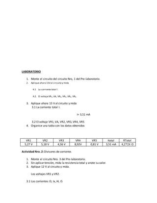 LABORATORIO
1. Monte el circuito del circuito Nro, 1 del Pre-laboratorio.
2. Aplique ahora 15Val circuito y mida
4.1 La corriente total l.
4.2. El voltajeVR1, VA, VR2, VR3, VR4, VR5.
3. Aplique ahora 15 V al circuito y mida
3.1 La corriente total I.
I= 3,51 mA
3.2 El voltaje VR1, VA, VR2, VR3, VR4, VR5
4. Organice una tabla con los datos obtenidos
VR1 VR2 VR3 VR4 VR5 Itotal RTotal
5,27 V 5,18 V 4,56 V 8,92V 0,81 V 3,51 mA 4,272𝑘 Ω
Actividad Nro. 2: Divisores de corriente.
1. Monte el circuito Nro. 3 del Pre-laboratorio.
2. Sin aplicar tensión, mida la resistencia total y anote su valor.
3. Aplique 12 V al circuito y mida.
Los voltajes VR1 y VR2.
3.1 Las corrientes I3, Ix, I4, I5
 