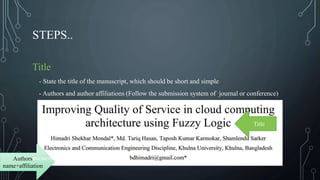 STEPS..
Title
- State the title of the manuscript, which should be short and simple
- Authors and author affiliations (Follow the submission system of journal or conference)
Title
Authors
name+affiliation
WHILENETWORKING.COM
 