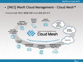 Big Picture Cloud 2015
[INCI] INsoft Cloud Management – Cloud Mesh™
 Enterprise급 서비스 제공을 위한 Cloud 운용 관리 도구
 