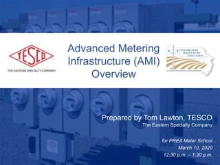 Slide 110/02/2012 Slide 1
Advanced Metering
Infrastructure (AMI)
Overview
Prepared by Tom Lawton, TESCO
The Eastern Specialty Company
for PREA Meter School
March 10, 2020
12:30 p.m. – 1:30 p.m.
 