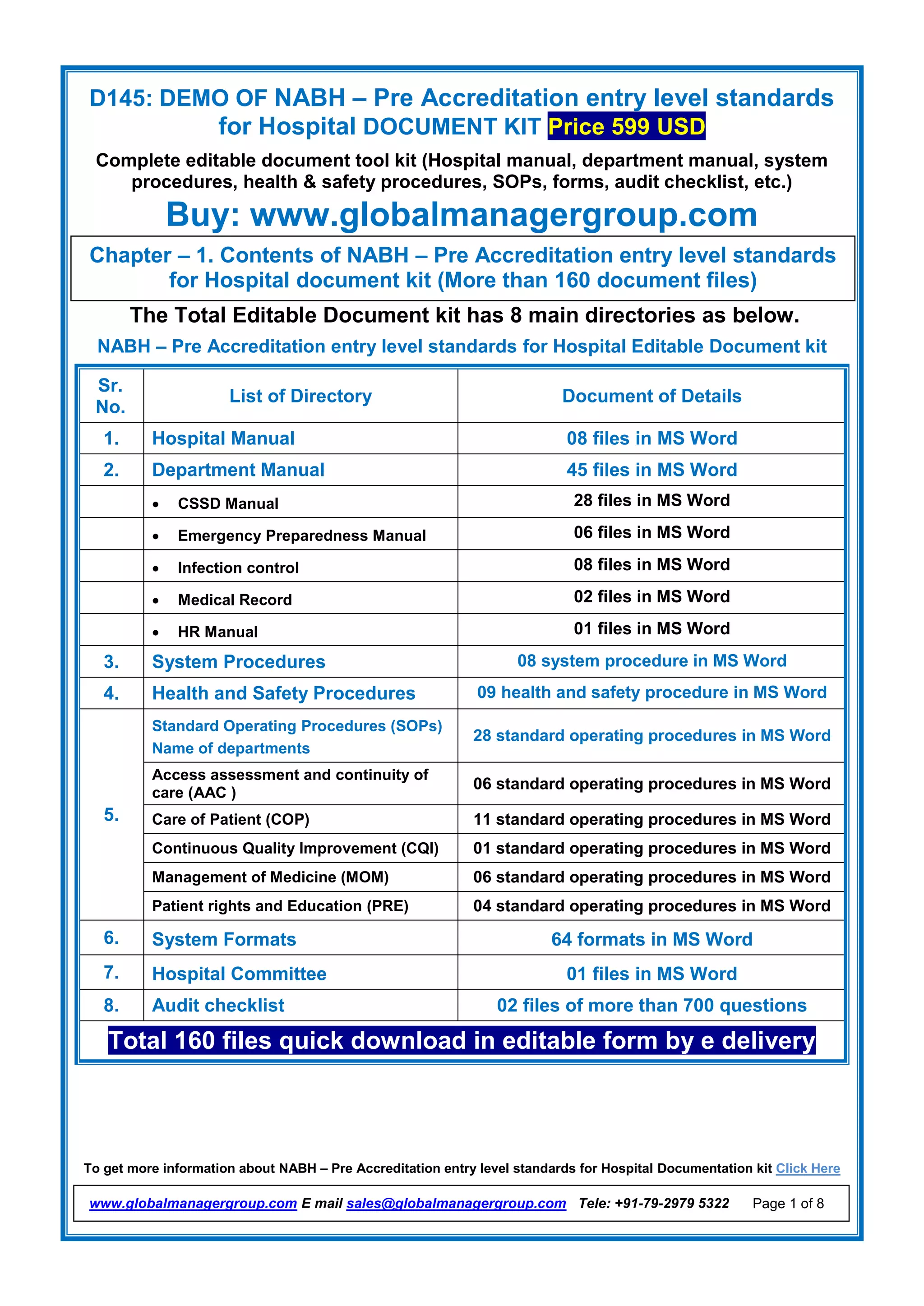 D145: DEMO OF NABH – Pre Accreditation entry level standards
for Hospital DOCUMENT KIT Price 599 USD
Complete editable document tool kit (Hospital manual, department manual, system
procedures, health & safety procedures, SOPs, forms, audit checklist, etc.)
Buy: www.globalmanagergroup.com
To get more information about NABH – Pre Accreditation entry level standards for Hospital Documentation kit Click Here
www.globalmanagergroup.com E mail sales@globalmanagergroup.com Tele: +91-79-2979 5322 Page 1 of 8
The Total Editable Document kit has 8 main directories as below.
NABH – Pre Accreditation entry level standards for Hospital Editable Document kit
Sr.
No.
List of Directory Document of Details
1. Hospital Manual 08 files in MS Word
2. Department Manual 45 files in MS Word
 CSSD Manual 28 files in MS Word
 Emergency Preparedness Manual 06 files in MS Word
 Infection control 08 files in MS Word
 Medical Record 02 files in MS Word
 HR Manual 01 files in MS Word
3. System Procedures 08 system procedure in MS Word
4. Health and Safety Procedures 09 health and safety procedure in MS Word
5.
Standard Operating Procedures (SOPs)
Name of departments
28 standard operating procedures in MS Word
Access assessment and continuity of
care (AAC )
06 standard operating procedures in MS Word
Care of Patient (COP) 11 standard operating procedures in MS Word
Continuous Quality Improvement (CQI) 01 standard operating procedures in MS Word
Management of Medicine (MOM) 06 standard operating procedures in MS Word
Patient rights and Education (PRE) 04 standard operating procedures in MS Word
6. System Formats 64 formats in MS Word
7. Hospital Committee 01 files in MS Word
8. Audit checklist 02 files of more than 700 questions
Total 160 files quick download in editable form by e delivery
Chapter – 1. Contents of NABH – Pre Accreditation entry level standards
for Hospital document kit (More than 160 document files)
 