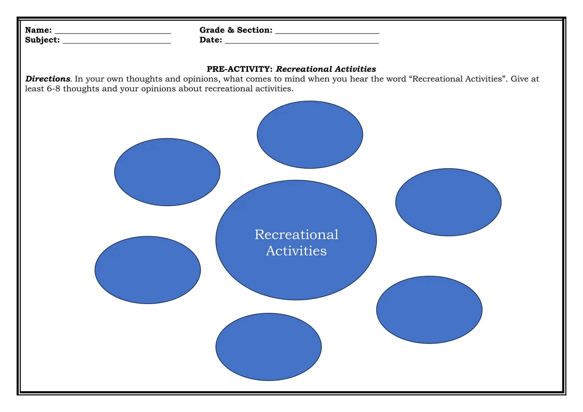 PRE ACTIVITY in RECREATIONAL ACTIVITIES' | PPT