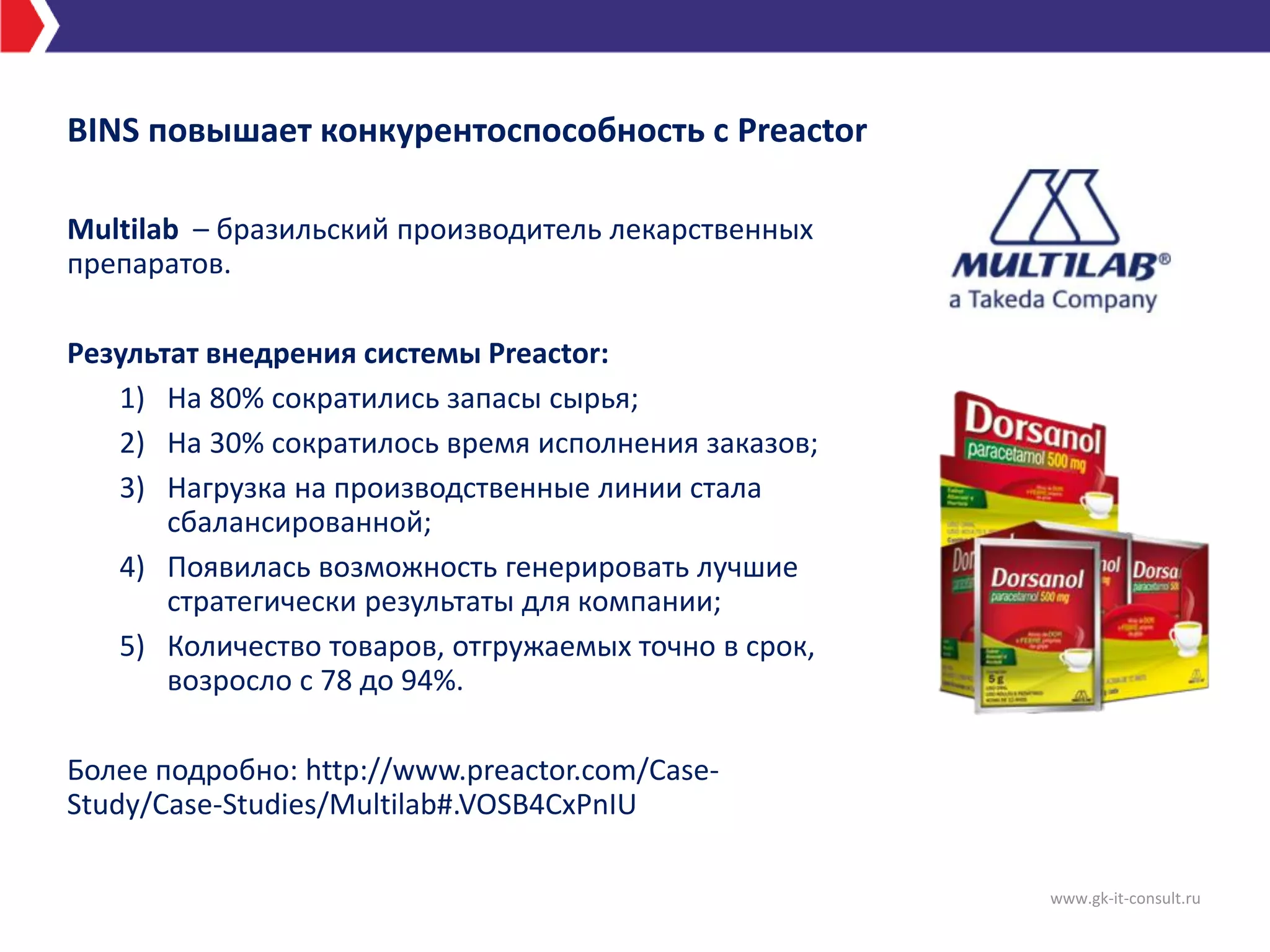 Multilab – бразильский производитель лекарственных
препаратов.
Результат внедрения системы Preactor:
1) На 80% сократились запасы сырья;
2) На 30% сократилось время исполнения заказов;
3) Нагрузка на производственные линии стала
сбалансированной;
4) Появилась возможность генерировать лучшие
стратегически результаты для компании;
5) Количество товаров, отгружаемых точно в срок,
возросло с 78 до 94%.
Более подробно: http://www.preactor.com/Case-
Study/Case-Studies/Multilab#.VOSB4CxPnIU
BINS повышает конкурентоспособность с Preactor
www.gk-it-consult.ru
 