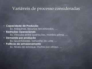 Variáveis de processo consideradas


•  Capacidade de Produção
       Ex. Máquinas, recursos terceirizados, …
•  Restrições Operacionais
       Ex. Vínculos entre operações, matéria prima, …
•  Demanda por produção
       Ex. Quantidades, tamanho do Lote, …
•  Políticas de armazenamento
       Ex. Níveis de estoque, multas por atraso, …
 