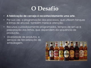 O Desafio
•  A fabricação de cerveja é reconhecidamente uma arte.
•  Por sua vez, a programação dos processos, que utilizam tanques
   e linhas de envase, também merece atenção.
•  Recursos cuidadosamente programados, tempos de set-up e
   preparação das linhas, que dependem da seqüência de
   produção.
•  Diversidade de produtos, e
   serviços de terceirização de
   embalagem.
 