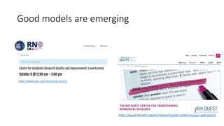 Good models are emerging
https://www.ukrn.org/event/carqi-launch/
https://www.bihealth.org/en/research/quest-center/missio...