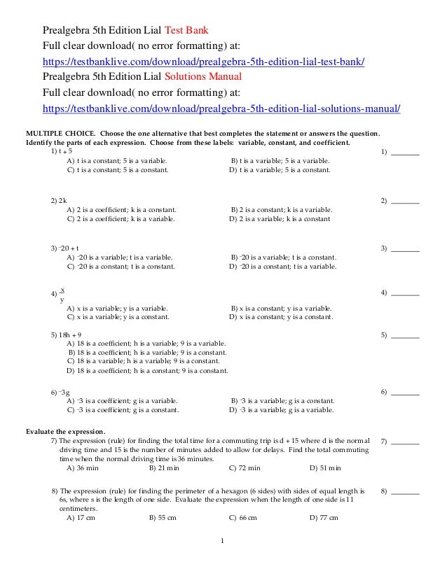 Prealgebra 5th Edition Lial Test Bank