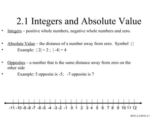 2.1 Integers and Absolute Value ,[object Object],[object Object],[object Object],[object Object],[object Object],-11 -10 -9 -8 -7  -6 -5  -4  -3 -2  -1  0  1  2  3  4  5  6  7  8  9  10 11 12  M7A1.2.3 M7A1.2.1 