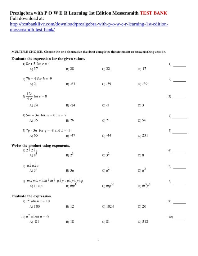 Prealgebra With P O W E R Learning 1st Edition Messersmith Test Bank