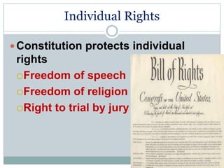 Individual Rights

 Constitution protects individual
 rights
 Freedom of speech

 Freedom of religion

 Right to trial by jury
 