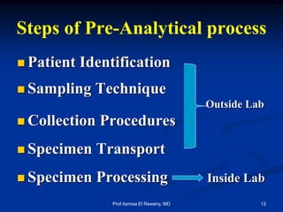 Steps of Pre-Analytical process
 Patient Identification
 Sampling Technique
Outside Lab
 Collection Procedures
 Specimen Transport
 Specimen Processing Inside Lab
12Prof Asmaa El Reweny, MD
 