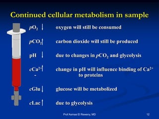 pO2 oxygen will still be consumed
pCO2 carbon dioxide will still be produced
pH due to changes in pCO2 and glycolysis
cCa2+ change in pH will influence binding of Ca2+
- to proteins
cGlu glucose will be metabolized
cLac due to glycolysis
Continued cellular metabolism in sample
12Prof Asmaa El Reweny, MD
 