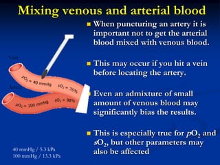Mixing venous and arterial blood
 When puncturing an artery it is
important not to get the arterial
blood mixed with venous blood.
 This may occur if you hit a vein
before locating the artery.
 Even an admixture of small
amount of venous blood may
significantly bias the results.
 This is especially true for pO2 and
sO2, but other parameters may
also be affected
Vein
Artery
40 mmHg / 5.3 kPa
100 mmHg / 13.3 kPa
 