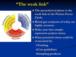 “The weak link”
 The preanalytical phase is the
weak link in the Patient Focus
Circle.
 Blood gas analyzers of today are
highly accurate.
 Make sure that sample
represents patient status.
 Many potential errors could be
overcomed by
Training
User guidelines
Sampling products
 