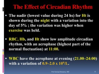 The Effect of Circadian Rhythm
 The nadir (lowest value during 24 hs) for Ht is
shown during the night with a variation into the
day of 5% ; the variation was higher when
exercise was held.
 RBC, Hb, and Ht show low amplitude circadian
rhythm, with an acrophase (highest part of the
normal fluctuation) at 11:00.
 WBC have the acrophase at evening (21.00–24:00)
with a variation of 0.9–2.0 x 109/L.
Prof Asmaa Elreweny, MD 11
 