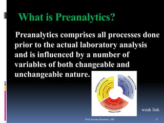What is Preanalytics?
Preanalytics comprises all processes done
prior to the actual laboratory analysis
and is influenced by a number of
variables of both changeable and
unchangeable nature.
weak link
Prof Asmaa Elreweny, MD 3
 