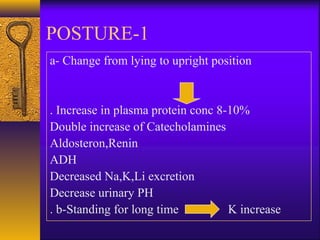 1-POSTURE
a- Change from lying to upright position
8-10%Increase in plasma protein conc.
Double increase of Catecholamines
Aldosteron,Renin
ADH
Decreased Na,K,Li excretion
Decrease urinary PH
b-Standing for long time K increase.
 