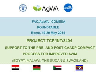 FAO/AgWA | COMESA
ROUNDTABLE
Rome, 19-20 May 2014
PROJECT TCP/INT/3404
SUPPORT TO THE PRE- AND POST-CAADP COMPACT
PROCESS FOR IMPROVED AWM
(EGYPT, MALAWI, THE SUDAN & SWAZILAND)
 